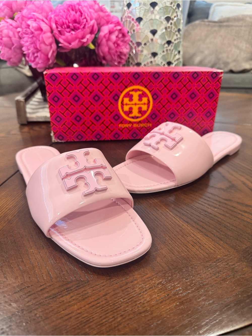 Tory Burch Baby Pink Patent Leather Slide Sandals